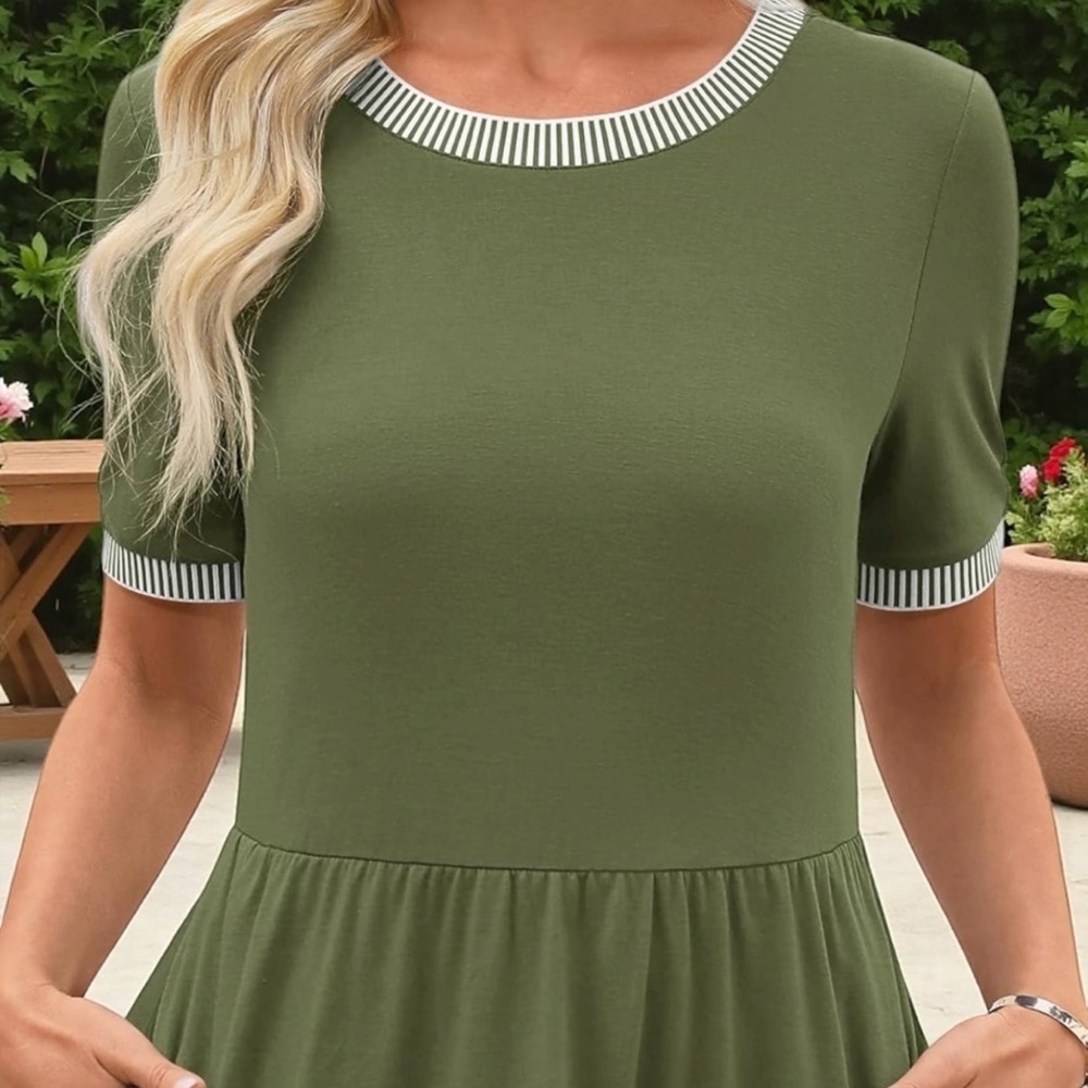 🌿 Boho Breeze! Army Green Tiered Dress | Pockets + Striped Trim | Size S - Picture 4 of 11